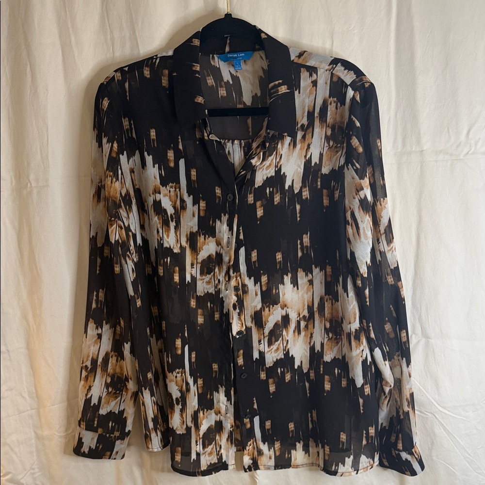 Derek Lam Black, White and Brown Abstract Print Button-Down Shirt